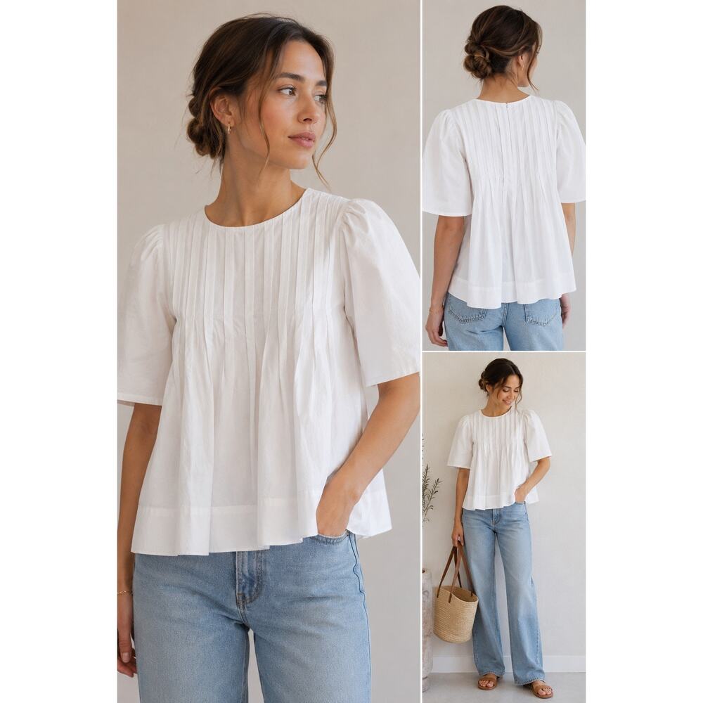 &merci White Pleated Puff Sleeve Peplum Cotton Blouse Top S NWT